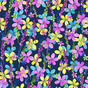 无缝复古花纹摄影照片_无缝花纹与水彩蓝色粉红色黄色花朵和叶子在背景上的复古风格。 