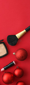 美容品牌圣诞促销的化妆和化妆品产品套装，豪华红色平底背景作为假日设计