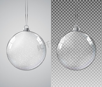 玻璃透明圣诞球与雪。
