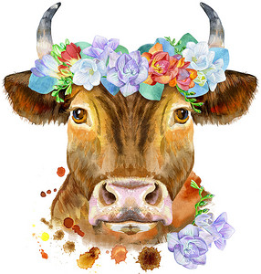 小苍兰花圈中一头红牛的水彩插图