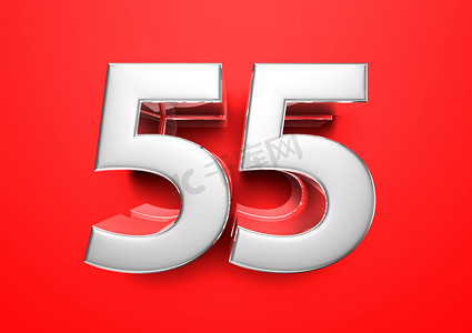 红钞票摄影照片_价格标签 55。55 周年纪念日。红色背景上的 55 号 3D 插图。