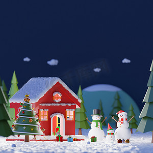 玩雪摄影照片_圣诞快乐，新年快乐，午夜雪人在松林红房子外玩雪的风景，复制空间，3d 渲染