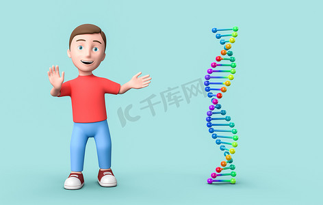蓝色背景上的年轻 3D 卡通人物和 DNA 链