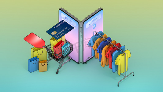 许多购物袋和购物车中的价格标签以及衣架上的衣服出现在智能手机屏幕上。在线购物或购物狂概念。带有对象剪切路径的 3D 插图。