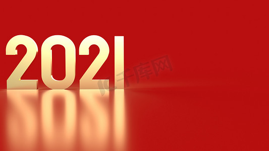 金色数字设计摄影照片_红色背景 3D 渲染上的 2021 年黄金数字。