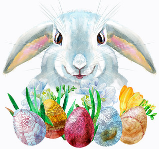一只带鸡蛋和草的米色兔子的水彩插图