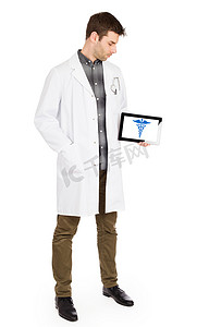医生拿着平板电脑-杖符号