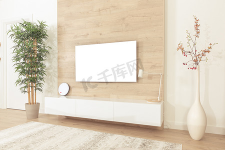 客厅墙上挂着空白的现代平板电视