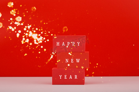 2022年新年快乐，红色优雅的最小概念，红色背景，散景