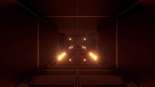 黑暗大气科幻隧道走廊与发光灯和反光玻璃窗 3D 插图背景壁纸图形艺术品