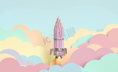 铅笔火箭飞过柔和的彩色平云