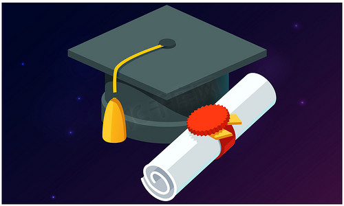 在抽象背景下模拟毕业帽和证书的插图