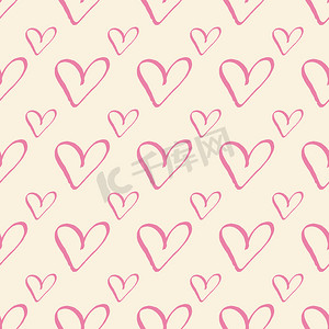 粉红色的心在柔和的奶油时尚无缝图案浪漫情人节彩色背景。