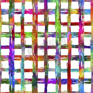 水彩画笔格子无缝图案田庄检查彩虹色的几何设计。