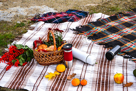 秋季野餐，配有热水瓶和南瓜、棉花树枝、羊角面包。