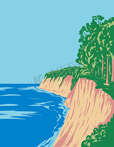 亚斯蒙德国家公园与位于德国梅克伦堡-前波莫瑞州亚斯蒙德半岛的粉笔悬崖 WPA 装饰艺术海报