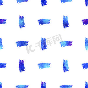 水彩画笔摄影照片_水彩画笔条纹无缝图案手绘蓝颜色的田庄几何设计。