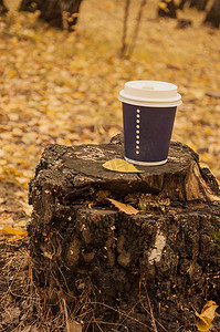 种茶摄影照片_带着一杯热咖啡漫步在秋天的公园。