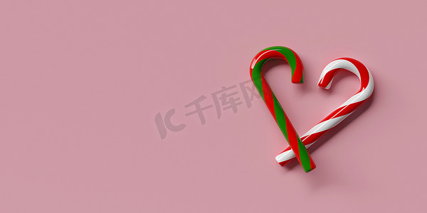 圣诞快乐，新年快乐，圣诞糖果可以心形粉红色背景，3d 渲染