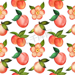 白色背景下桃花的插图数字水彩无缝图案