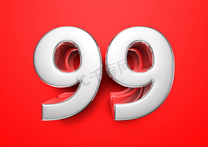 价格标签 99。周年纪念日 99。红色背景上的数字 99 3D 插图。