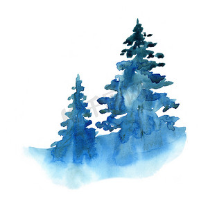 孤立在白色背景上的水彩冬季雪林。 