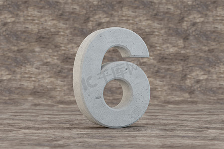 具体的 3d 数字 6。木制背景上的硬石数字。 