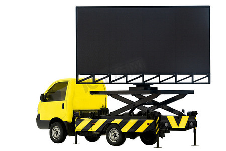 led广告背景摄影照片_汽车黄色 LED 面板上的广告牌，用于在背景白色上隔离的标志广告