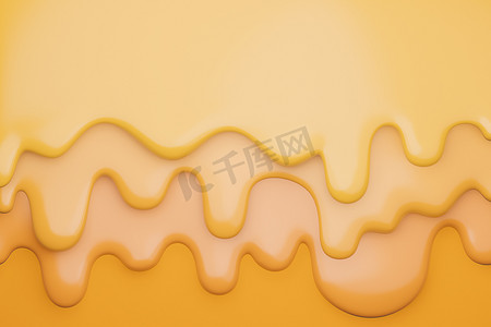 华夫饼插图摄影照片_奶酪奶油液体滴。，奶酪在黄色背景上融化。，3D 模型和插图。