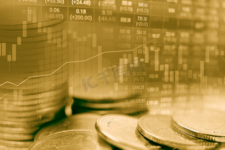 图表设计摄影照片_股票黄金市场投资交易金融、硬币和图表或外汇分析利润金融业务趋势数据背景。