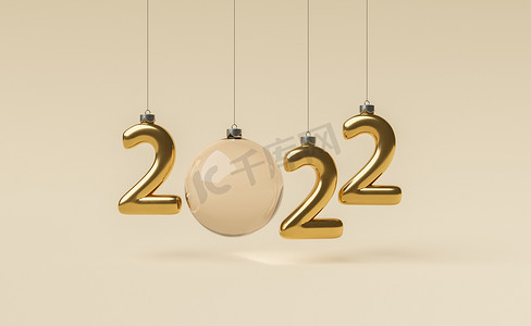 金色2022摄影照片_用金色圣诞饰品制作的 2022 年新年标志