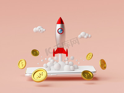 创业概念，火箭从智能手机发射美元硬币，3D 渲染