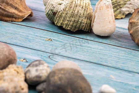 海洋主题摄影照片_蓝色木质背景上的岩石和贝壳。海洋主题