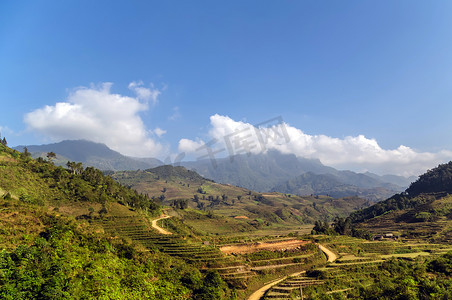 越南的稻田绵延山脉。