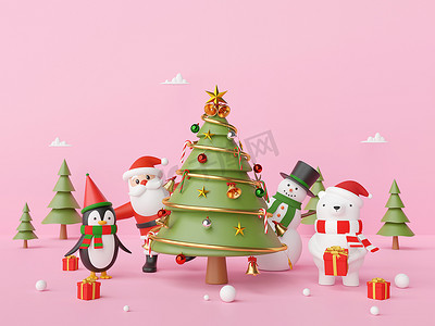 朋友矢量摄影照片_圣诞快乐，新年快乐，圣诞派对与圣诞老人和朋友在粉红色的背景下，3d 渲染