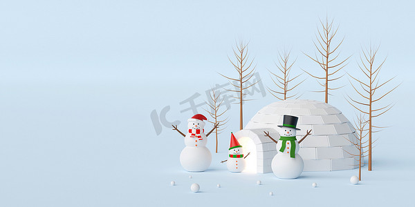 新年快乐3摄影照片_圣诞快乐，新年快乐，带雪人和冰屋的圣诞横幅，3d 渲染