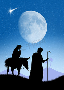 约瑟夫和玛丽与骑在驴上的耶稣