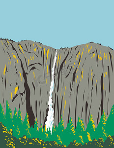 双旦狂欢海报摄影照片_美国加利福尼亚州约塞米蒂国家公园内 El Capitan 西侧悬崖上的丝带瀑布 WPA 海报艺术