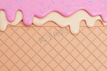 华夫饼插图摄影照片_草莓和香草冰淇淋在威化背景上融化并洒上。，3d 模型和插图。
