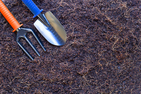 土壤上的花园铲和叉子，带有椰子壳头发，用于农业