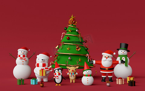 新年快乐3摄影照片_圣诞快乐，新年快乐，红色背景上带有可爱圣诞角色的圣诞树，3d 渲染