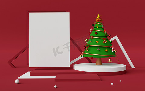 圣诞快乐，新年快乐，讲台场景和圣诞树复制空间，3d 渲染
