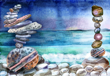 水彩手绘风景，成堆的扁平鹅卵石和海洋