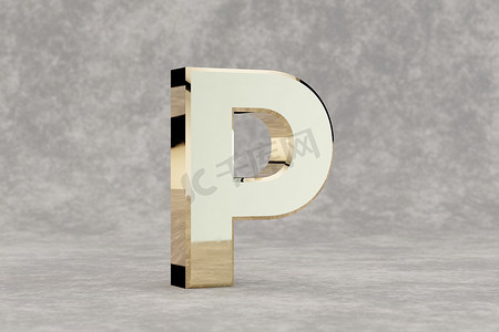 金色 3d 字母 P 大写。