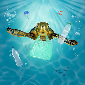 在塑料中游泳的海龟