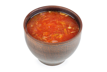 罗宋汤摄影照片_粘土碗与传统乌克兰罗宋汤（甜菜根汤）隔离在白色背景。