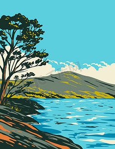 Inveruglas Isle in Loch Lomond and the Trossachs National Park 苏格兰 英国装饰艺术 WPA 海报艺术