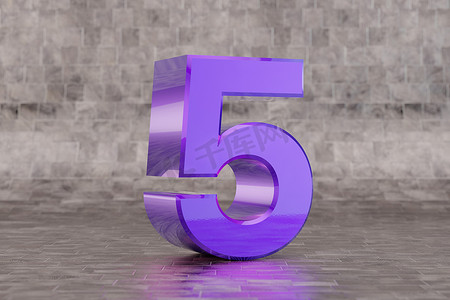 紫罗兰色 3d 数字 5。瓷砖背景上的光泽靛蓝数字。 