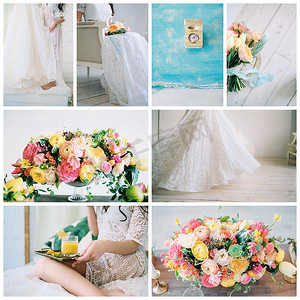 试剂盒图片摄影照片_婚礼图像蒙太奇 - 美丽的婚姻准备。