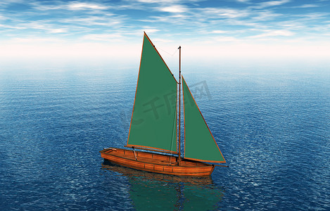 有绿色充气帆的小帆船